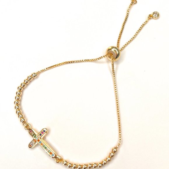 18K Gold Filled Multicolor Zirconia Cross, Adjustable Bracelet - Picture 1 of 7